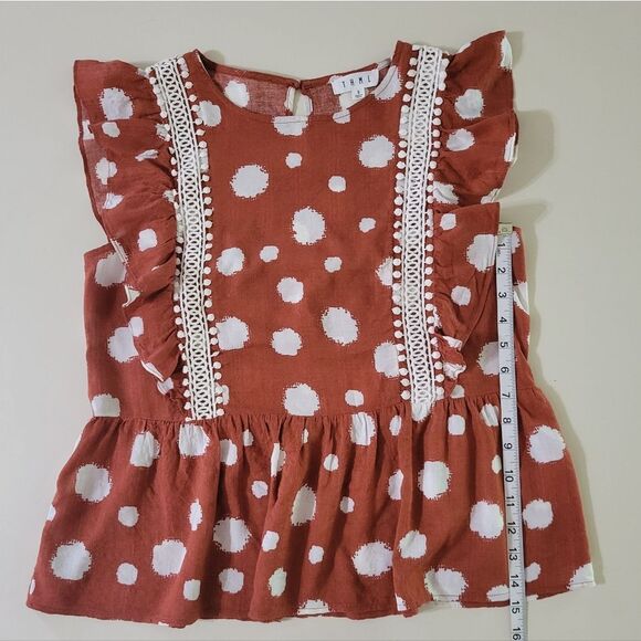 THML Women's Boho Rust and White Polka Dot Sleeveless Ruffle Peplum Blouse - Picture 5 of 14